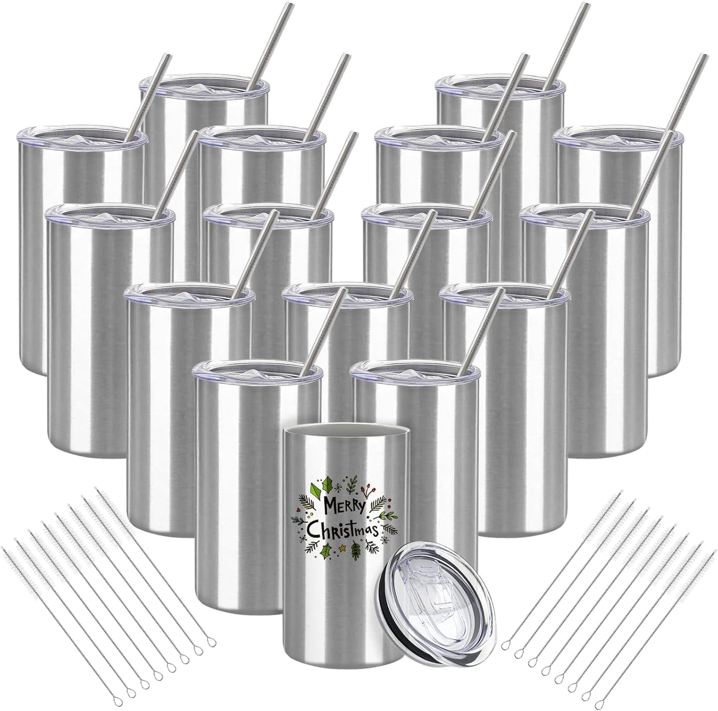 16 Pack Tumblers Blanks Bulk Skinny Straight Tumbler Stainless Steel Double Wall Insulated Water Bottles with Lid & Straw for DIY Gift, 12oz Silver