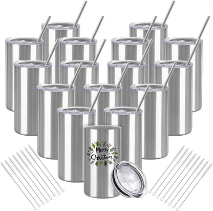 16 Pack Tumblers Blanks Bulk Skinny Straight Tumbler Stainless Steel Double Wall Insulated Water Bottles with Lid & Straw for DIY Gift, 12oz Silver