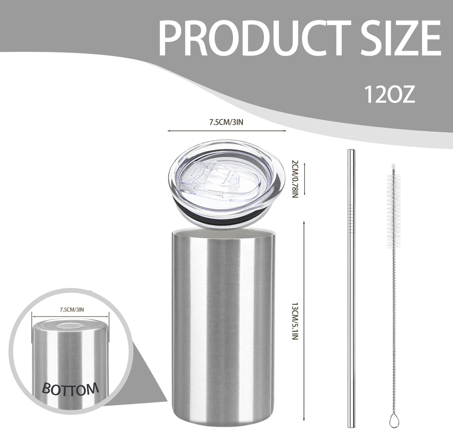 16 Pack Tumblers Blanks Bulk Skinny Straight Tumbler Stainless Steel Double Wall Insulated Water Bottles with Lid & Straw for DIY Gift, 12oz Silver