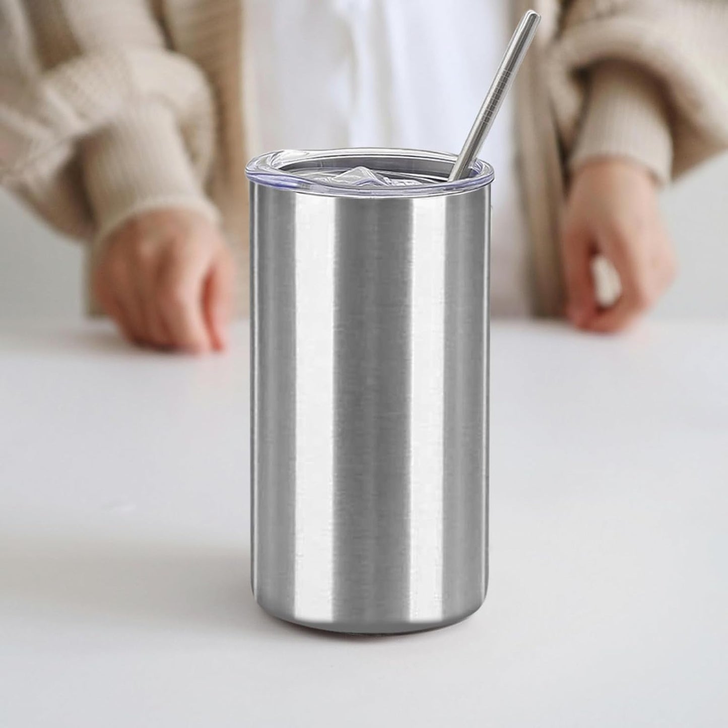 16 Pack Tumblers Blanks Bulk Skinny Straight Tumbler Stainless Steel Double Wall Insulated Water Bottles with Lid & Straw for DIY Gift, 12oz Silver
