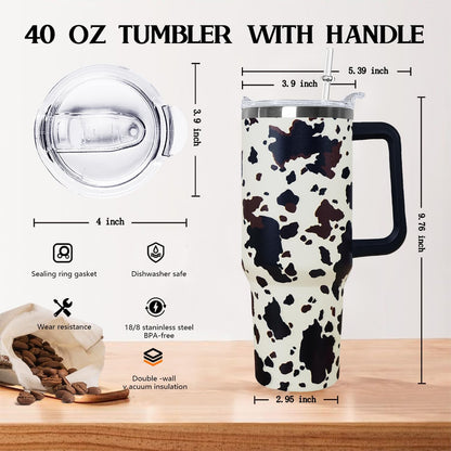 Ceovfoi 40 Oz Leopard & Zebra Print Tumbler With Handle, Lid & Straw - Insulated Travel Coffee Mug Water Bottle, Animal Print Gifts for Women Men