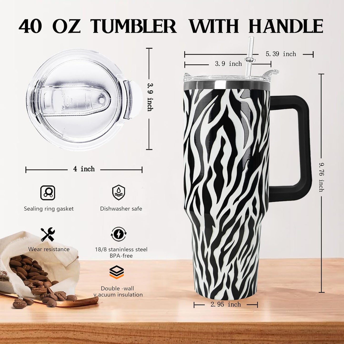 Ceovfoi 40 Oz Leopard & Zebra Print Tumbler With Handle, Lid & Straw - Insulated Travel Coffee Mug Water Bottle, Animal Print Gifts for Women Men