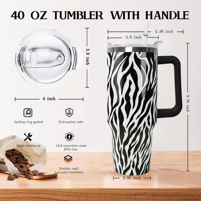 Ceovfoi 40 Oz Leopard & Zebra Print Tumbler With Handle, Lid & Straw - Insulated Travel Coffee Mug Water Bottle, Animal Print Gifts for Women Men
