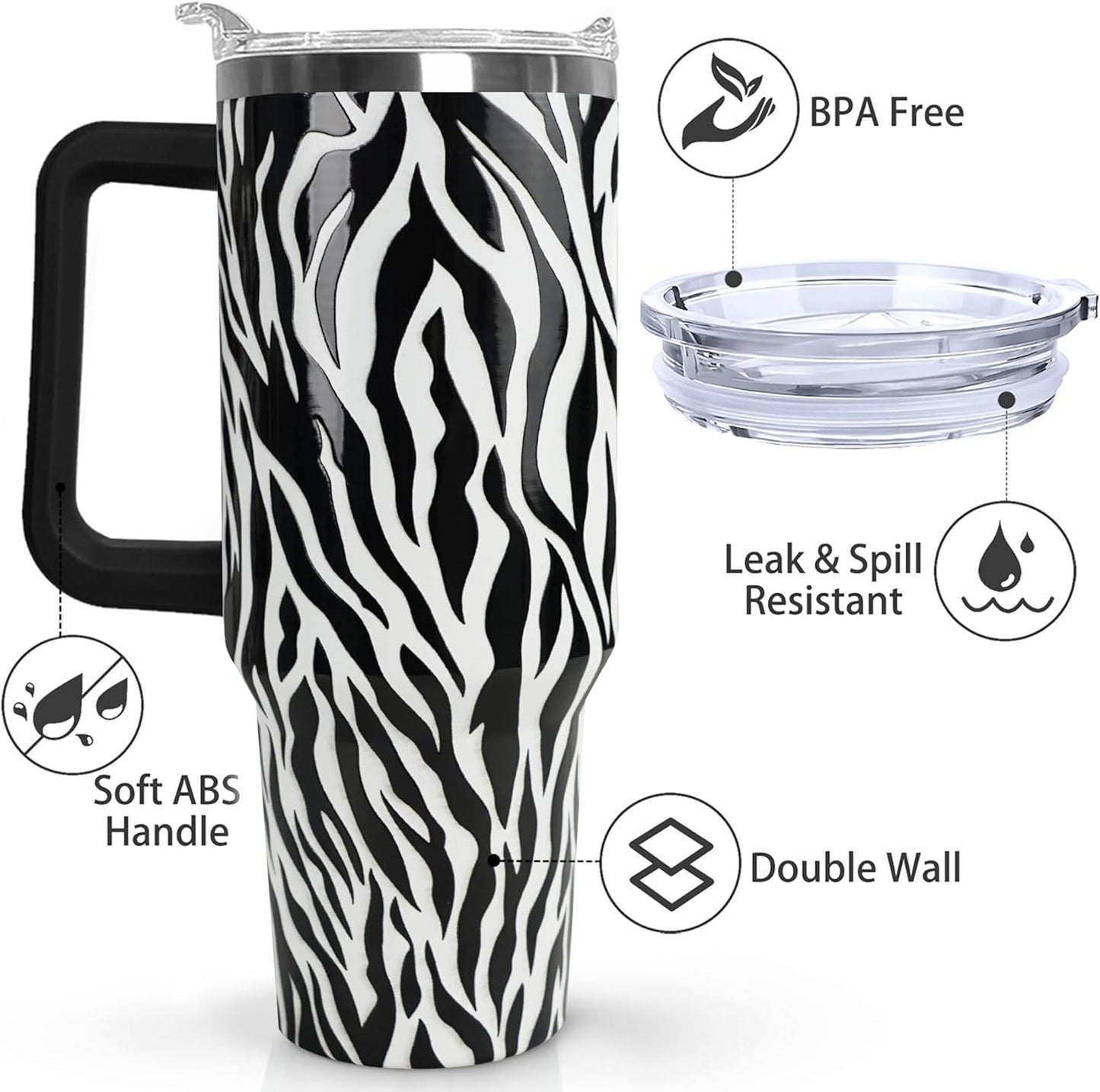 Ceovfoi 40 Oz Leopard & Zebra Print Tumbler With Handle, Lid & Straw - Insulated Travel Coffee Mug Water Bottle, Animal Print Gifts for Women Men