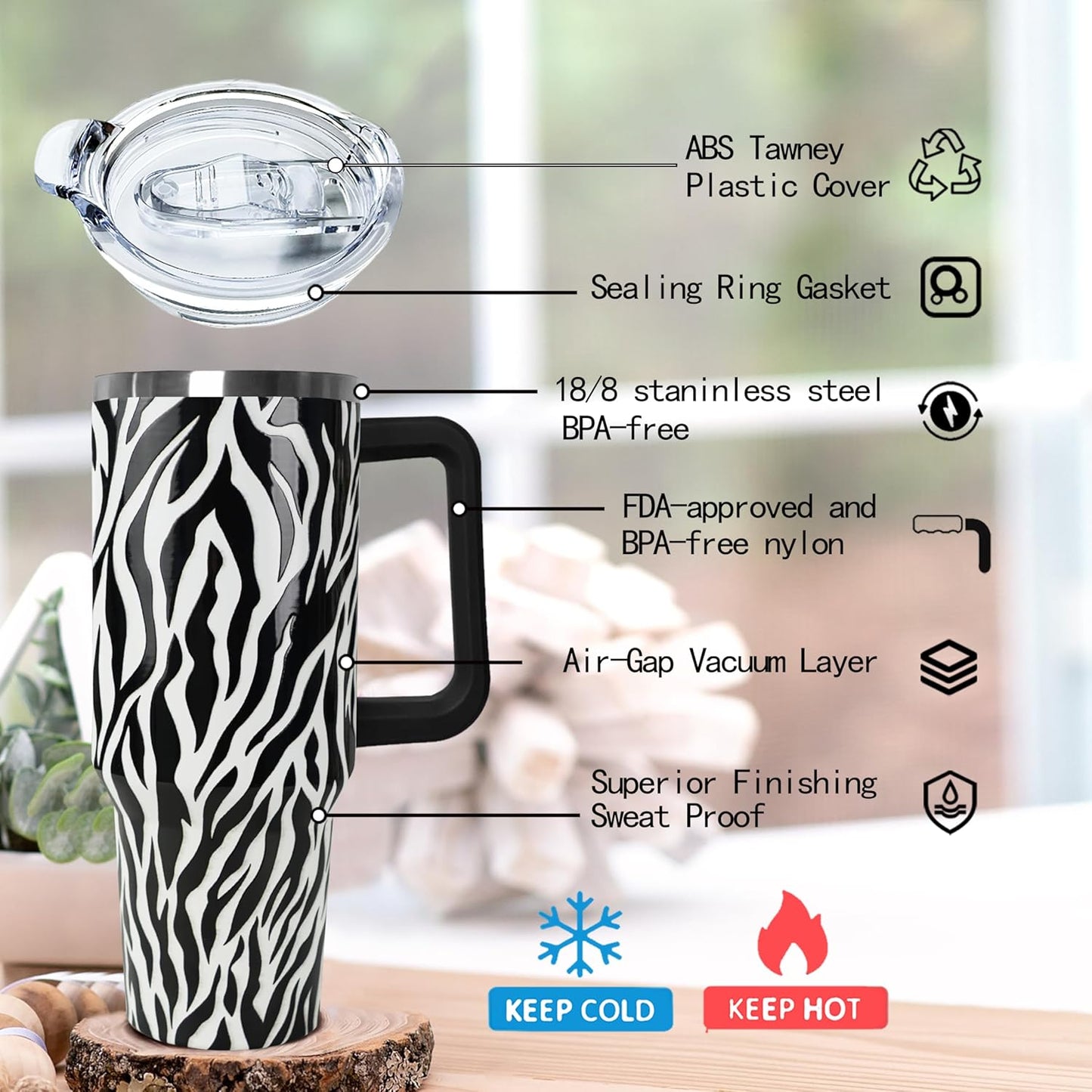 Ceovfoi 40 Oz Leopard & Zebra Print Tumbler With Handle, Lid & Straw - Insulated Travel Coffee Mug Water Bottle, Animal Print Gifts for Women Men