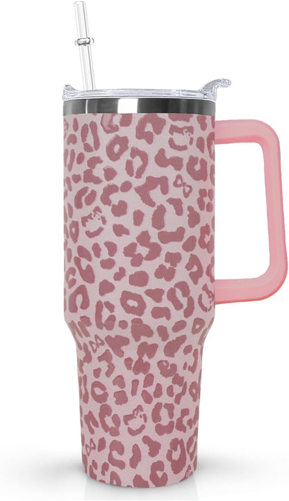 Ceovfoi 40 Oz Leopard & Zebra Print Tumbler With Handle, Lid & Straw - Insulated Travel Coffee Mug Water Bottle, Animal Print Gifts for Women Men