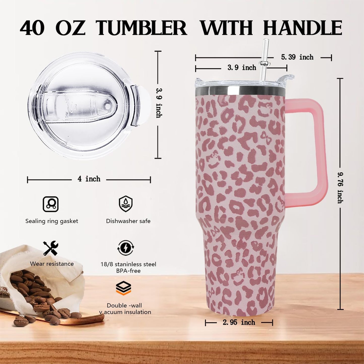 Ceovfoi 40 Oz Leopard & Zebra Print Tumbler With Handle, Lid & Straw - Insulated Travel Coffee Mug Water Bottle, Animal Print Gifts for Women Men