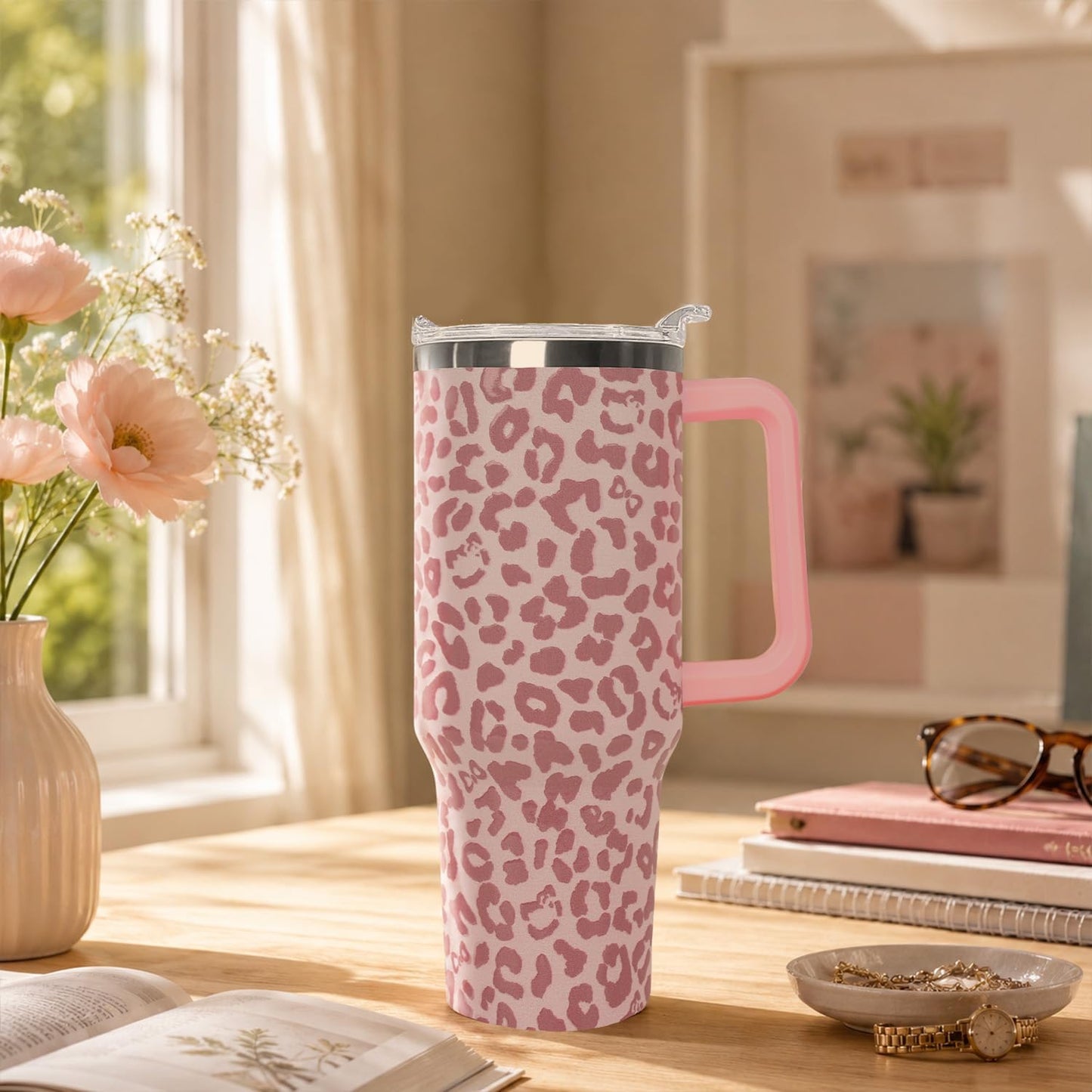 Ceovfoi 40 Oz Leopard & Zebra Print Tumbler With Handle, Lid & Straw - Insulated Travel Coffee Mug Water Bottle, Animal Print Gifts for Women Men