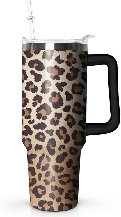 Ceovfoi 40 Oz Leopard & Zebra Print Tumbler With Handle, Lid & Straw - Insulated Travel Coffee Mug Water Bottle, Animal Print Gifts for Women Men