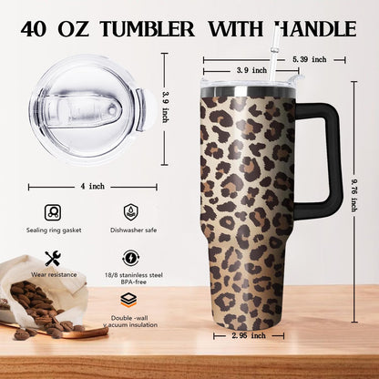 Ceovfoi 40 Oz Leopard & Zebra Print Tumbler With Handle, Lid & Straw - Insulated Travel Coffee Mug Water Bottle, Animal Print Gifts for Women Men