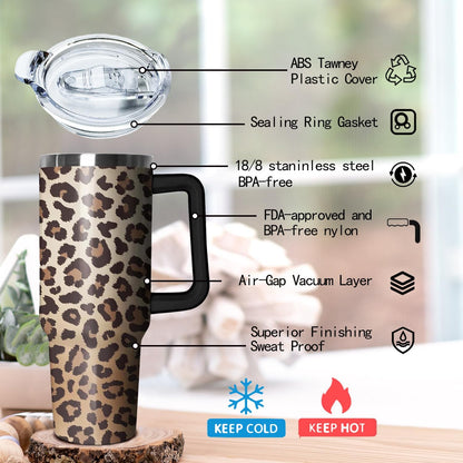 Ceovfoi 40 Oz Leopard & Zebra Print Tumbler With Handle, Lid & Straw - Insulated Travel Coffee Mug Water Bottle, Animal Print Gifts for Women Men