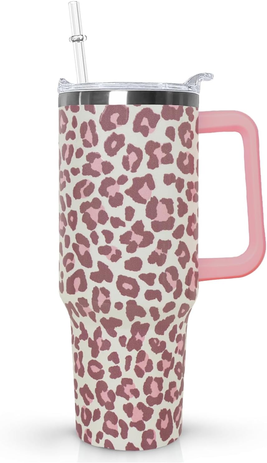 Ceovfoi 40 Oz Leopard & Zebra Print Tumbler With Handle, Lid & Straw - Insulated Travel Coffee Mug Water Bottle, Animal Print Gifts for Women Men