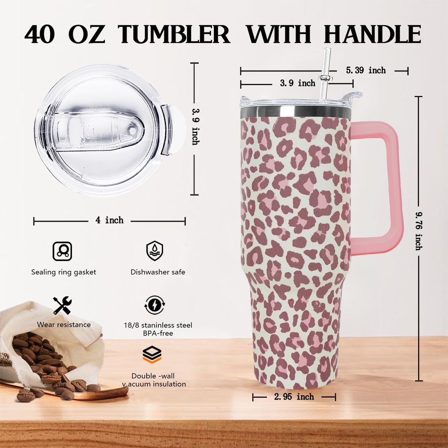 Ceovfoi 40 Oz Leopard & Zebra Print Tumbler With Handle, Lid & Straw - Insulated Travel Coffee Mug Water Bottle, Animal Print Gifts for Women Men