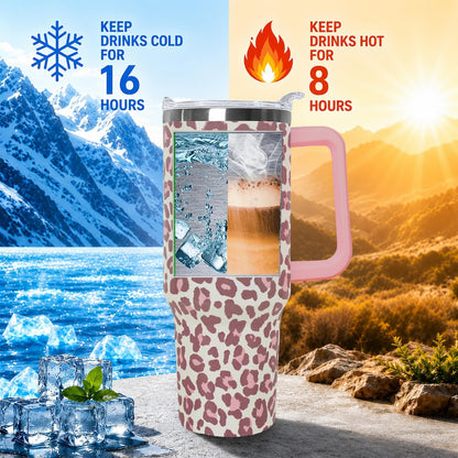 Ceovfoi 40 Oz Leopard & Zebra Print Tumbler With Handle, Lid & Straw - Insulated Travel Coffee Mug Water Bottle, Animal Print Gifts for Women Men