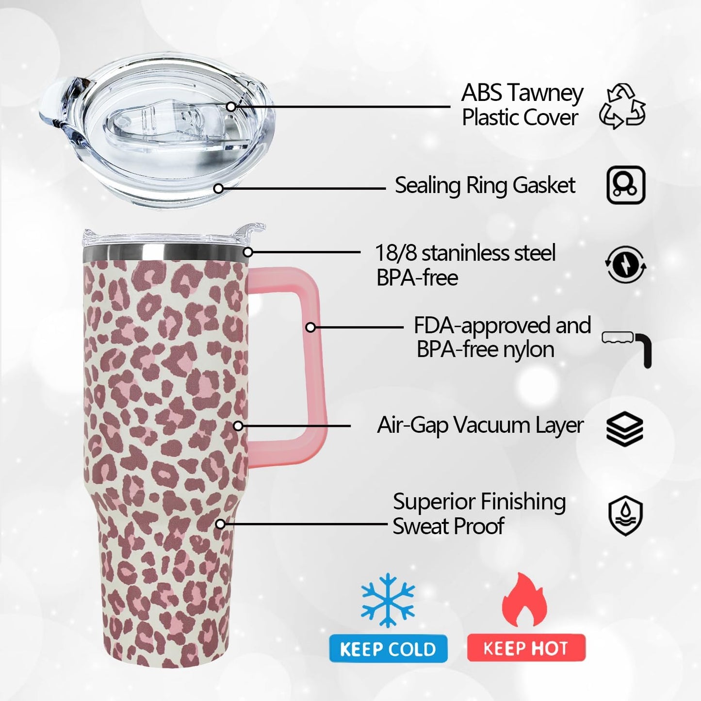 Ceovfoi 40 Oz Leopard & Zebra Print Tumbler With Handle, Lid & Straw - Insulated Travel Coffee Mug Water Bottle, Animal Print Gifts for Women Men