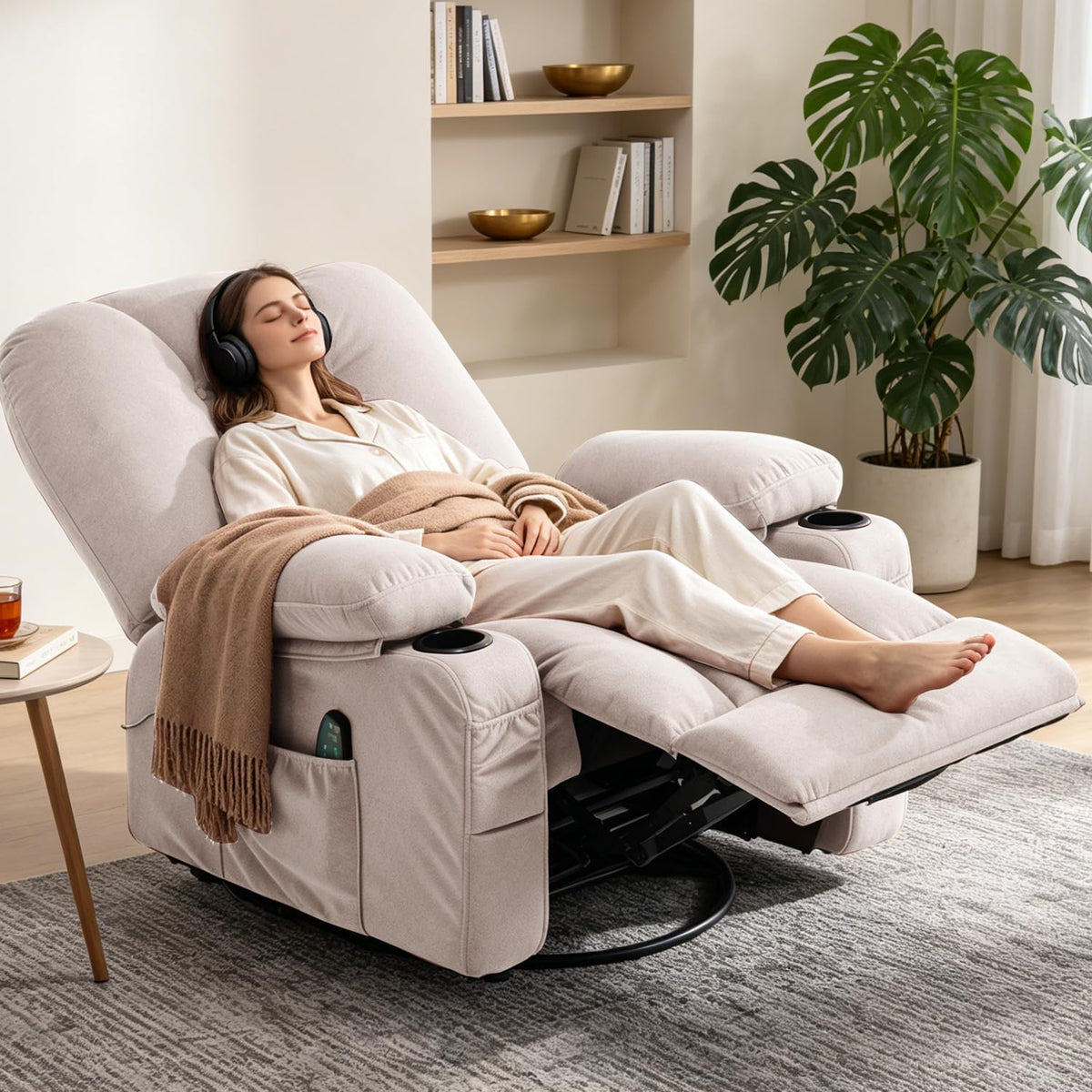 Rocking Recliner Chair for Nursery with Massage Heat, Beige