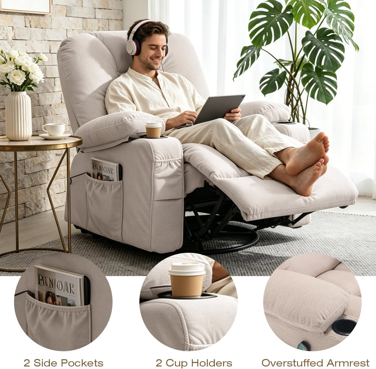 Rocking Recliner Chair for Nursery with Massage Heat, Beige