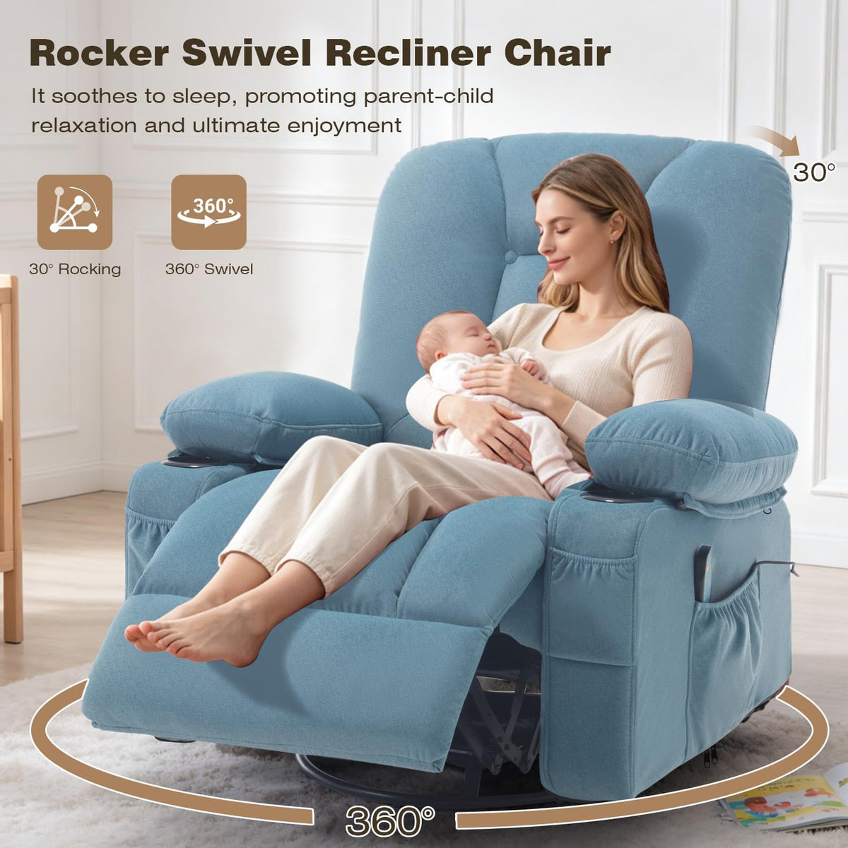 Rocking Recliner Chair for Nursery with Massage Heat, Beige