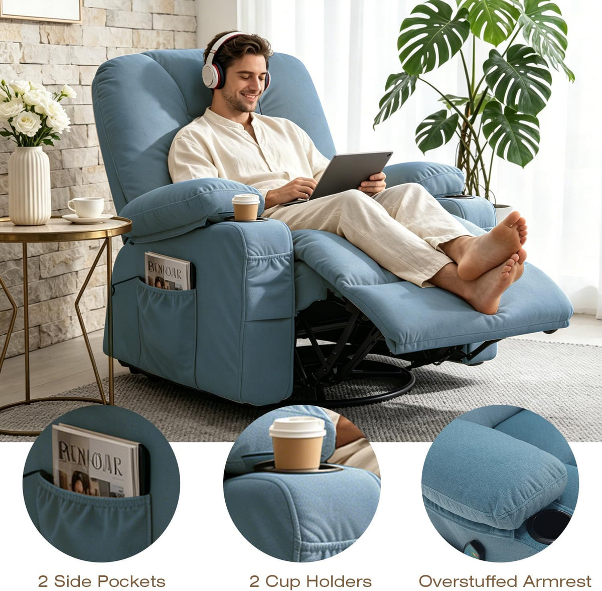 Rocking Recliner Chair for Nursery with Massage Heat, Beige