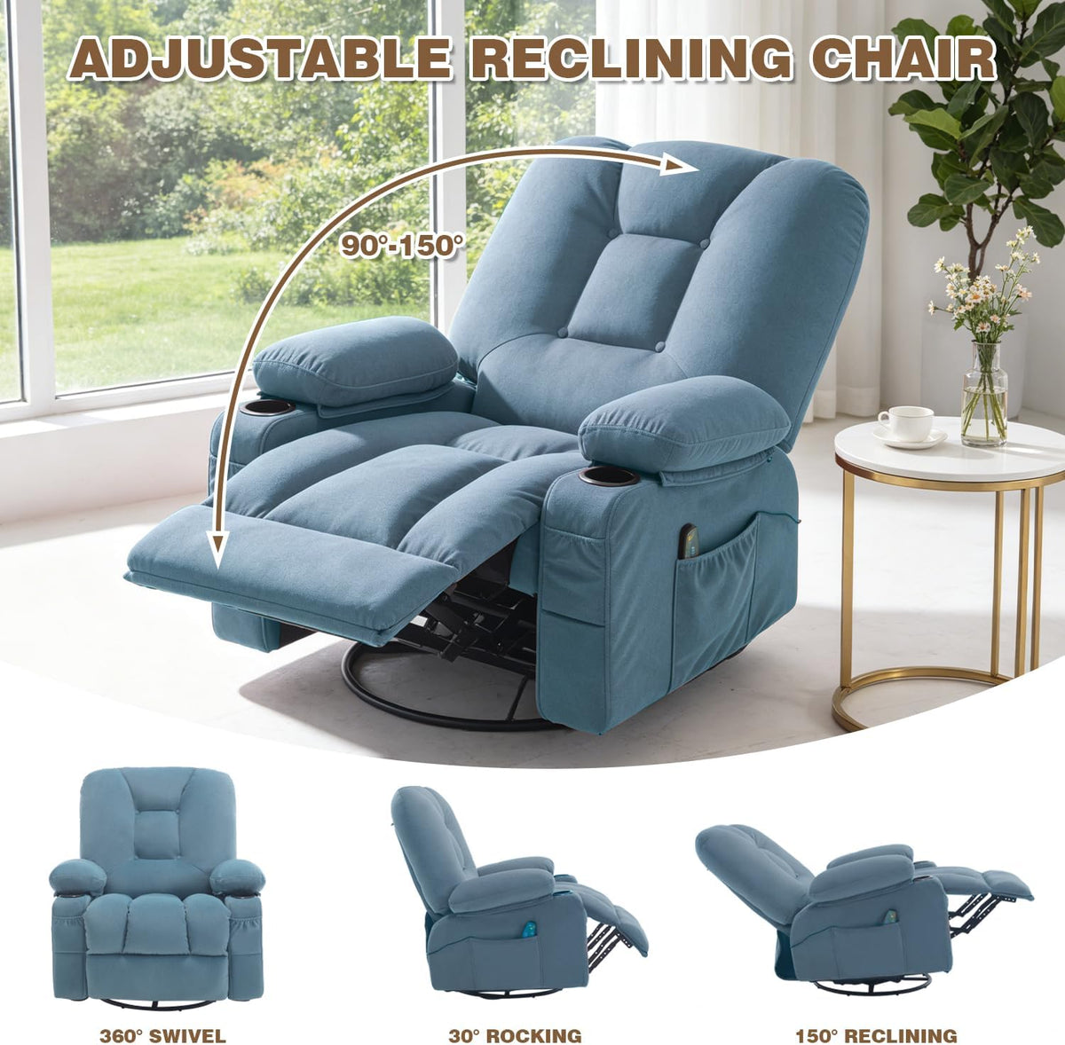 Rocking Recliner Chair for Nursery with Massage Heat, Beige