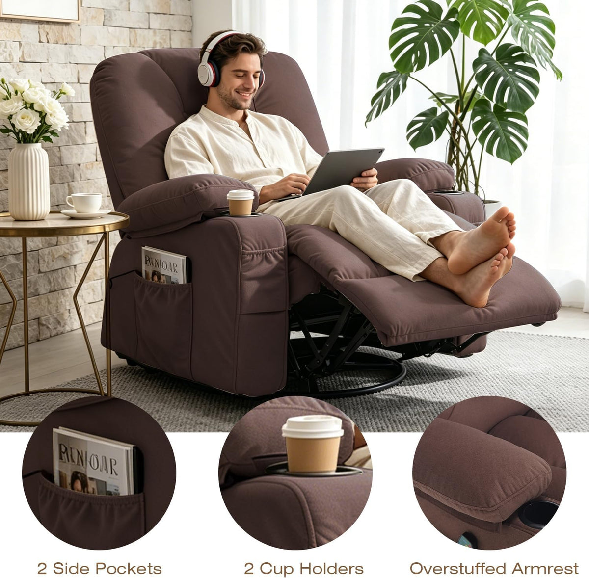 Rocking Recliner Chair for Nursery with Massage Heat, Beige