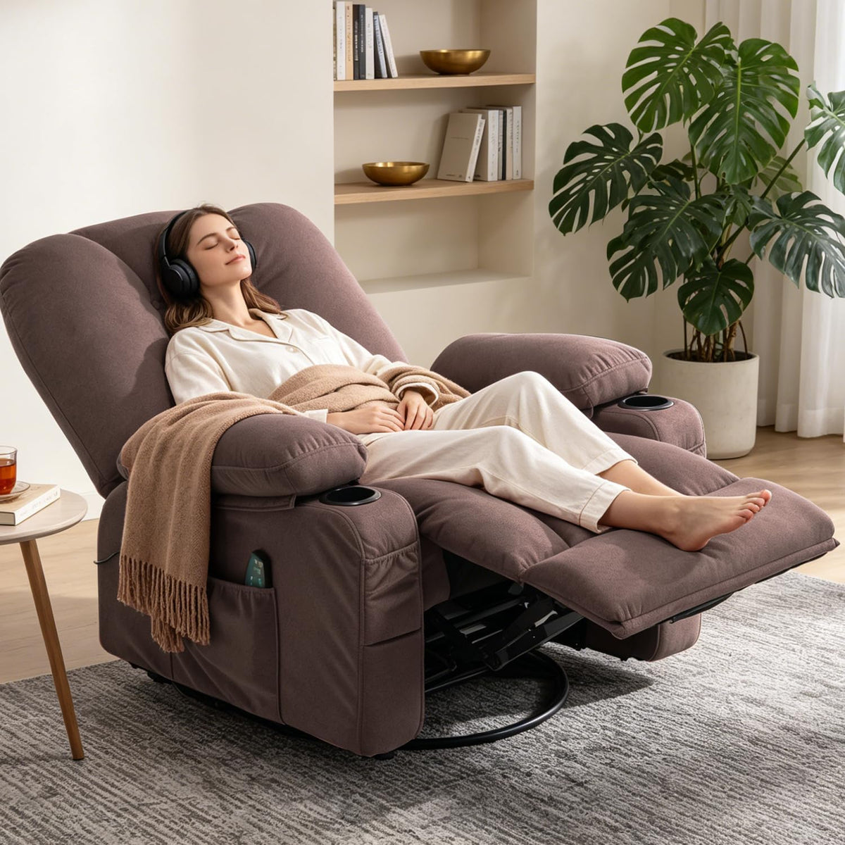 Rocking Recliner Chair for Nursery with Massage Heat, Beige