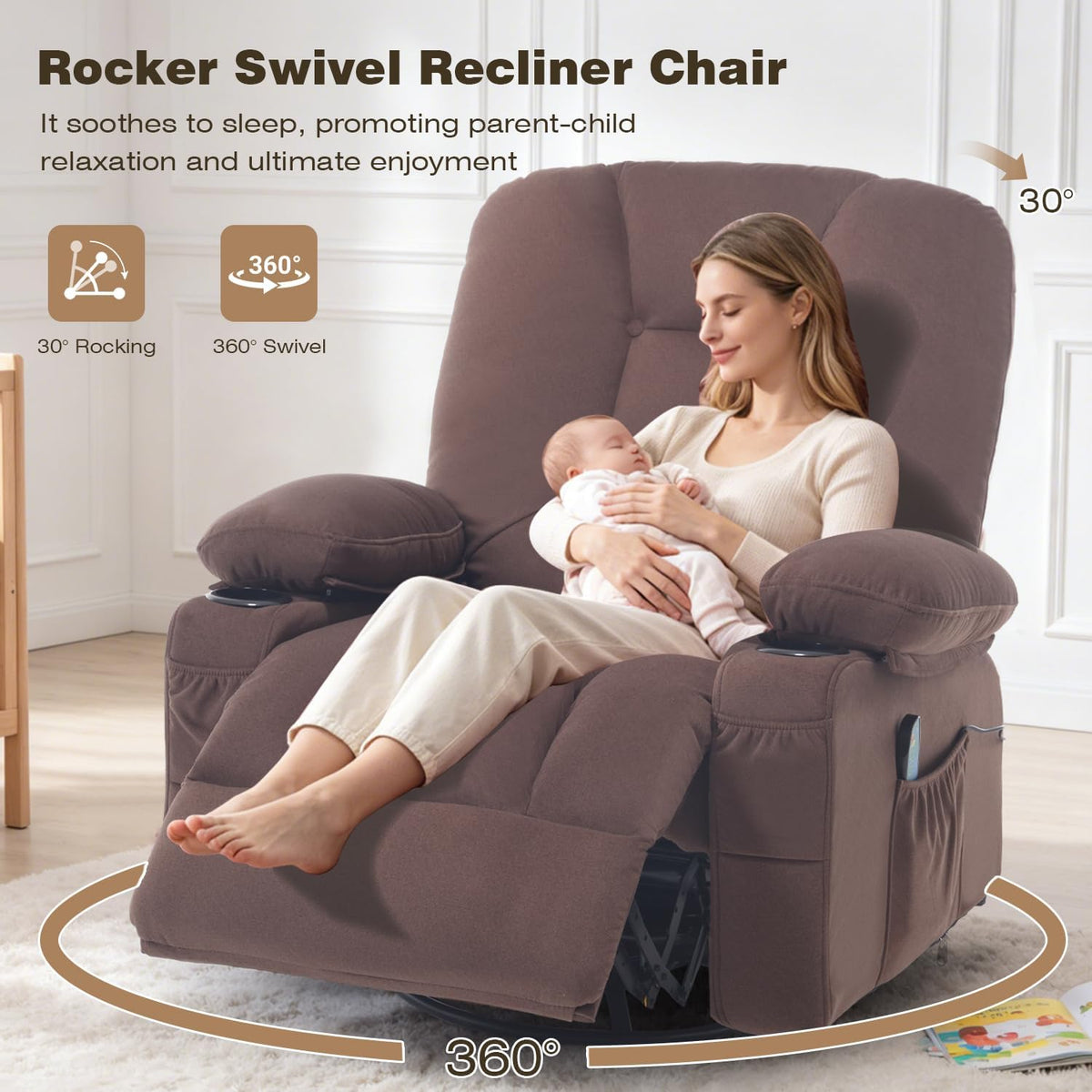 Rocking Recliner Chair for Nursery with Massage Heat, Beige