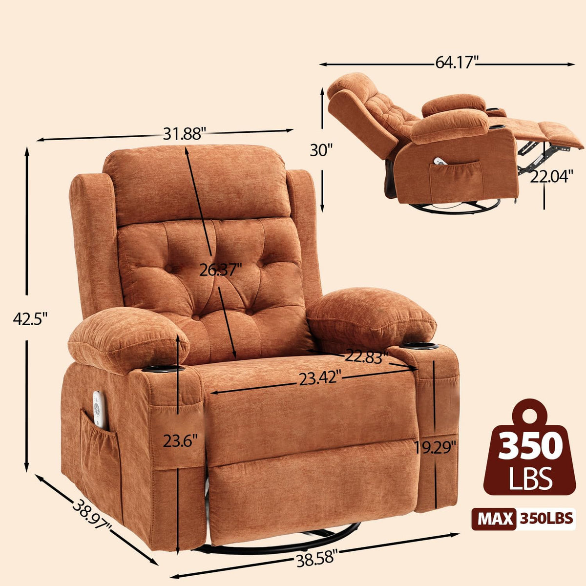 Rocking Recliner Chair for Nursery with Massage Heat, Beige