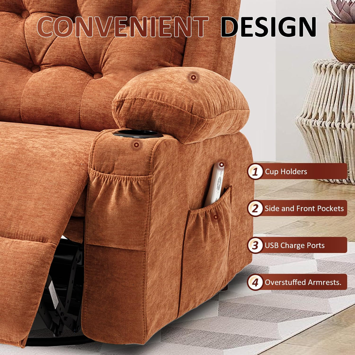 Rocking Recliner Chair for Nursery with Massage Heat, Beige