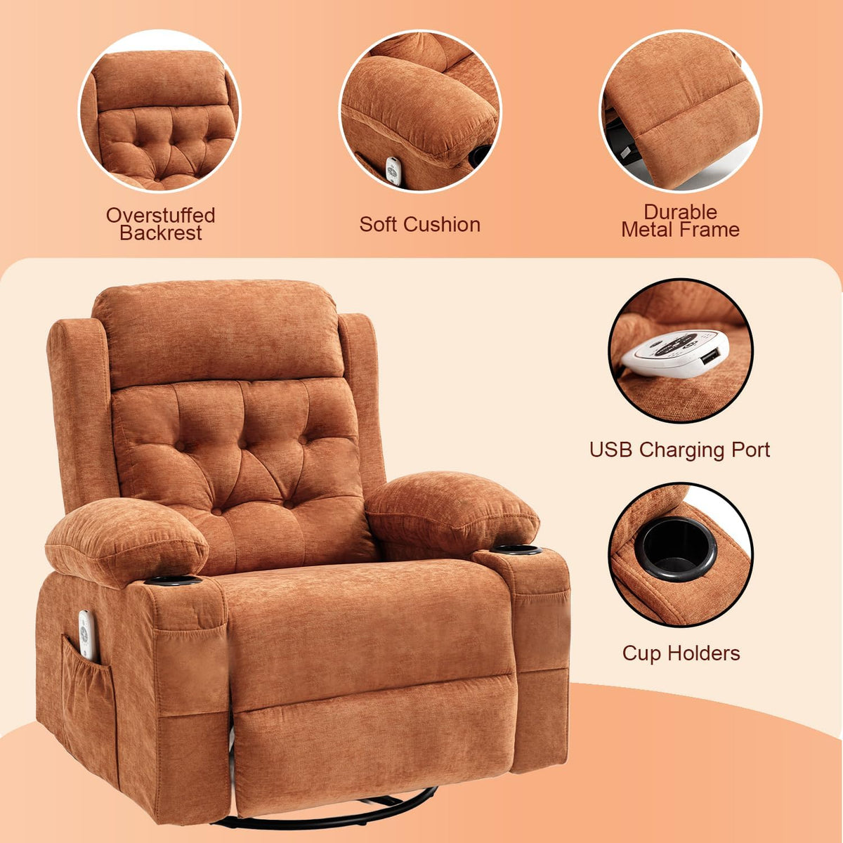 Rocking Recliner Chair for Nursery with Massage Heat, Beige
