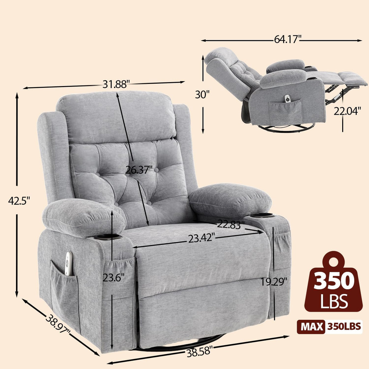 Rocking Recliner Chair for Nursery with Massage Heat, Beige