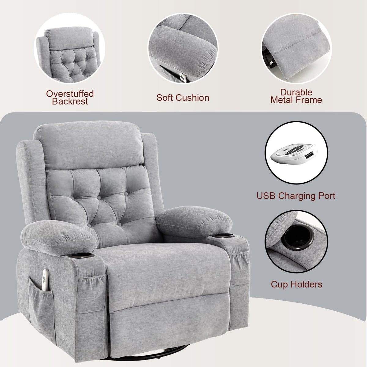 Rocking Recliner Chair for Nursery with Massage Heat, Beige