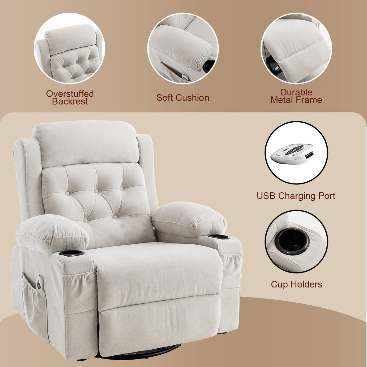 Rocking Recliner Chair for Nursery with Massage Heat, Beige