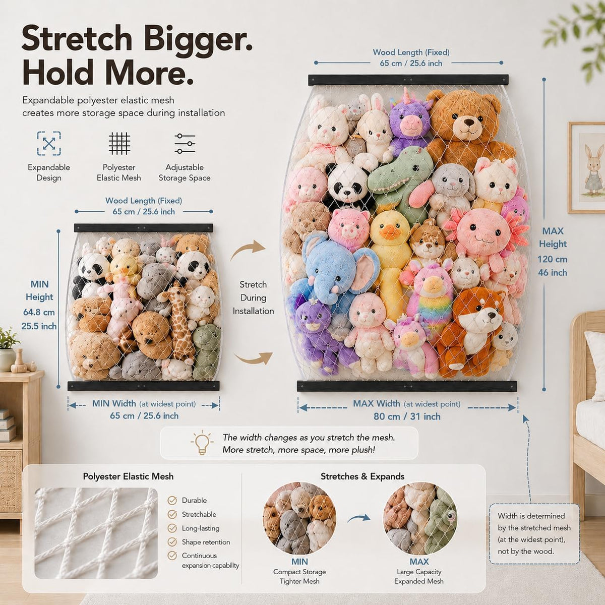 Stuffed Animal Storage Holder, Elastic Stuffed Animal Net,Door/ Wall Mount Length Adjustable Hanging Stuffed Animal Organizer, Plushie Net For Nursery Play Room-White Boards Patent