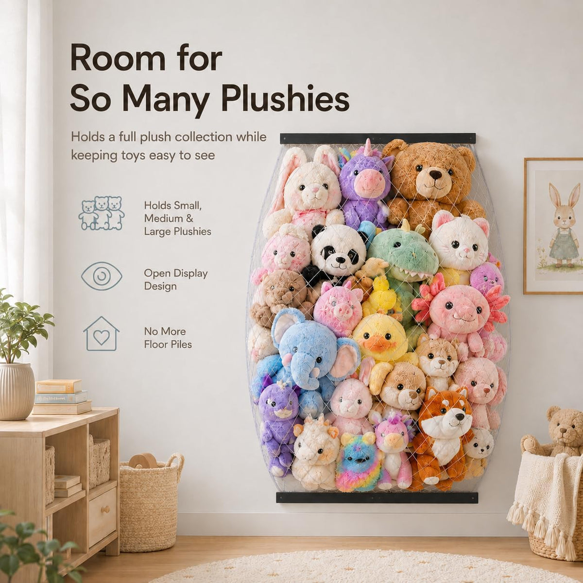 Stuffed Animal Storage Holder, Elastic Stuffed Animal Net,Door/ Wall Mount Length Adjustable Hanging Stuffed Animal Organizer, Plushie Net For Nursery Play Room-White Boards Patent