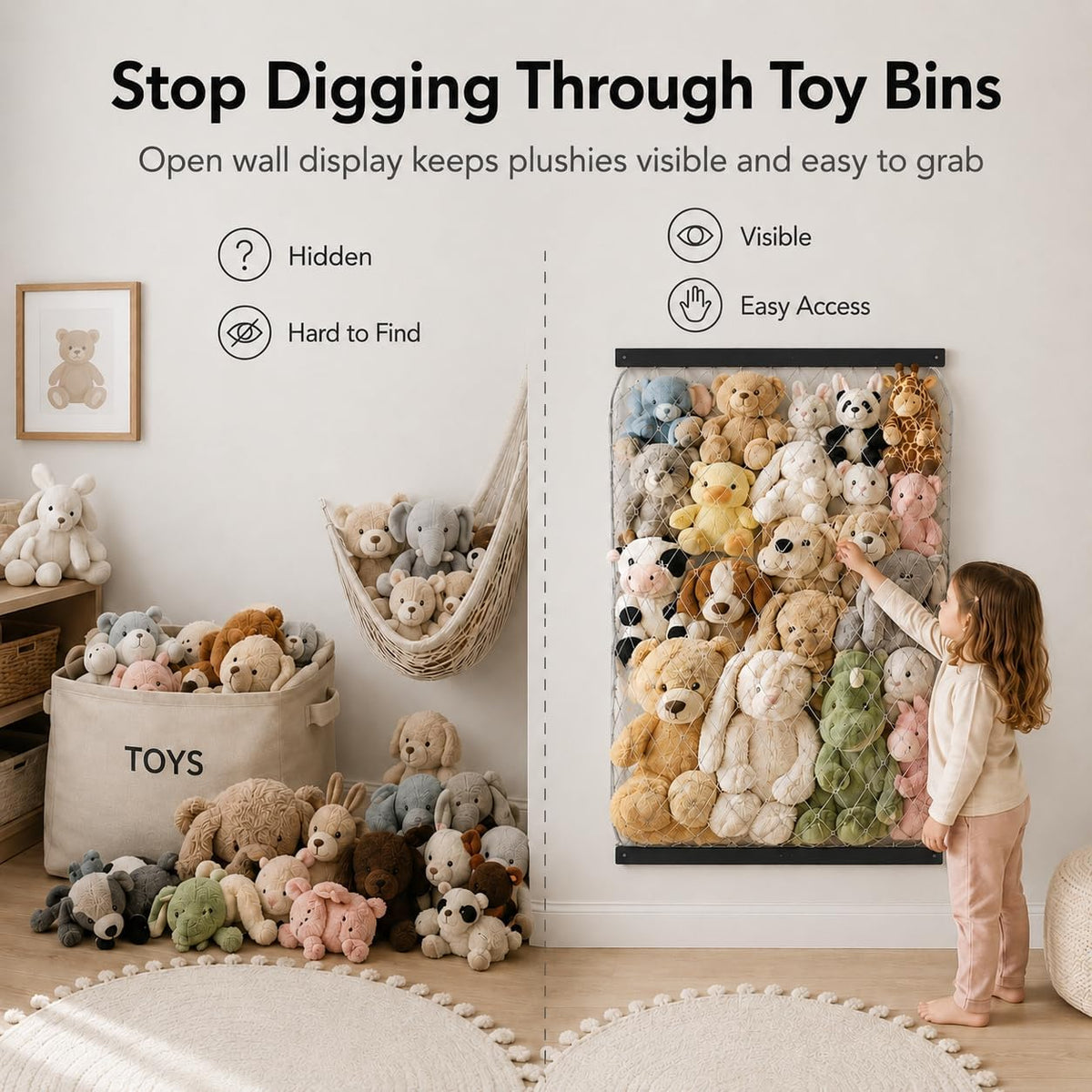 Stuffed Animal Storage Holder, Elastic Stuffed Animal Net,Door/ Wall Mount Length Adjustable Hanging Stuffed Animal Organizer, Plushie Net For Nursery Play Room-White Boards Patent