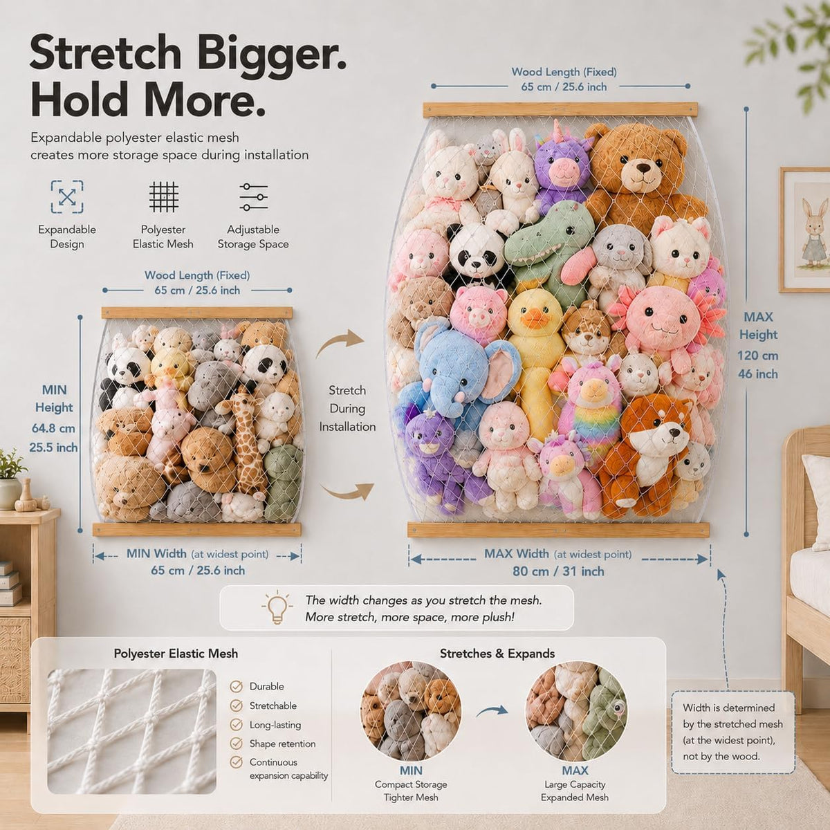 Stuffed Animal Storage Holder, Elastic Stuffed Animal Net,Door/ Wall Mount Length Adjustable Hanging Stuffed Animal Organizer, Plushie Net For Nursery Play Room-White Boards Patent