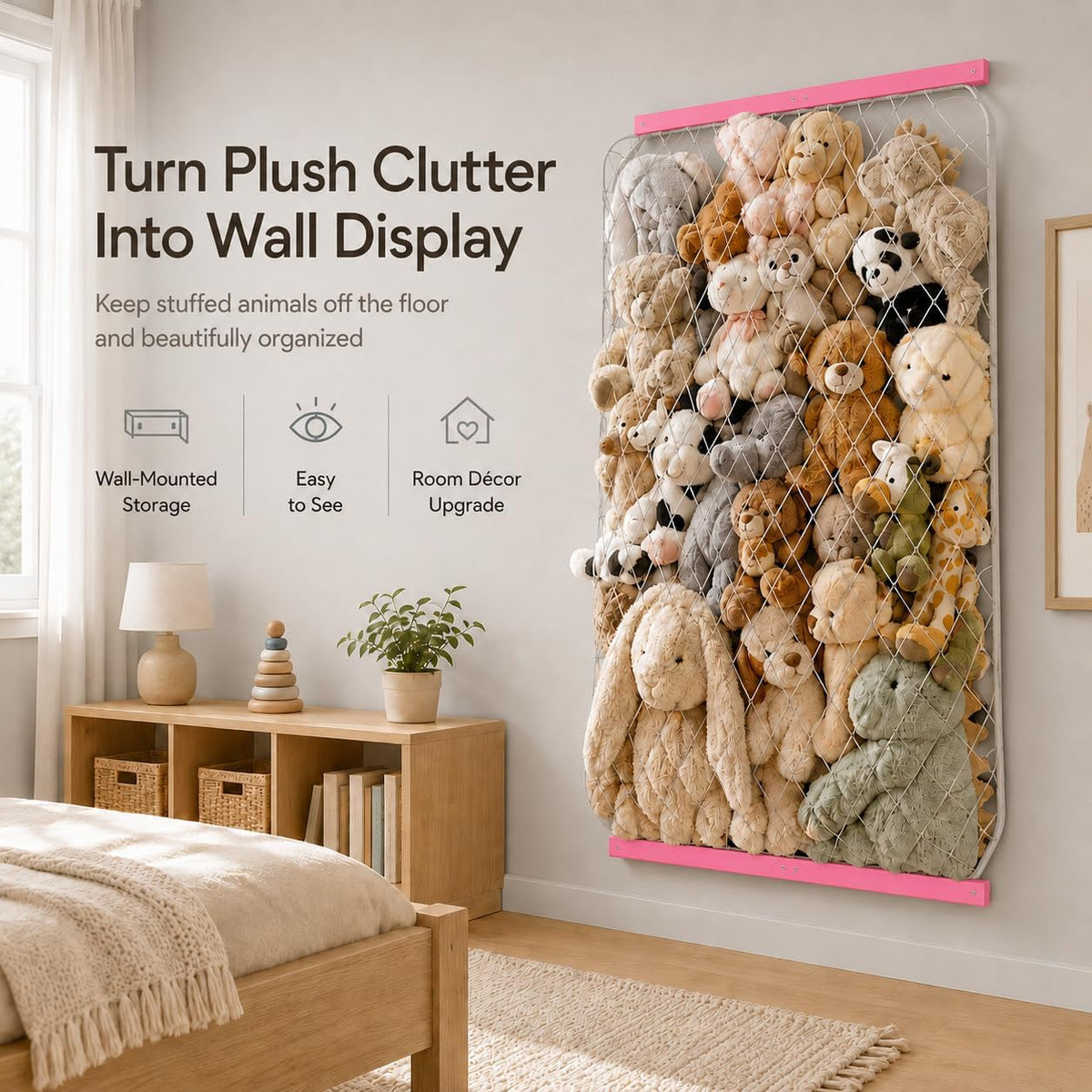 Stuffed Animal Storage Holder, Elastic Stuffed Animal Net,Door/ Wall Mount Length Adjustable Hanging Stuffed Animal Organizer, Plushie Net For Nursery Play Room-White Boards Patent