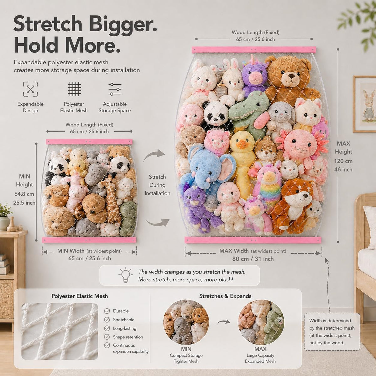 Stuffed Animal Storage Holder, Elastic Stuffed Animal Net,Door/ Wall Mount Length Adjustable Hanging Stuffed Animal Organizer, Plushie Net For Nursery Play Room-White Boards Patent