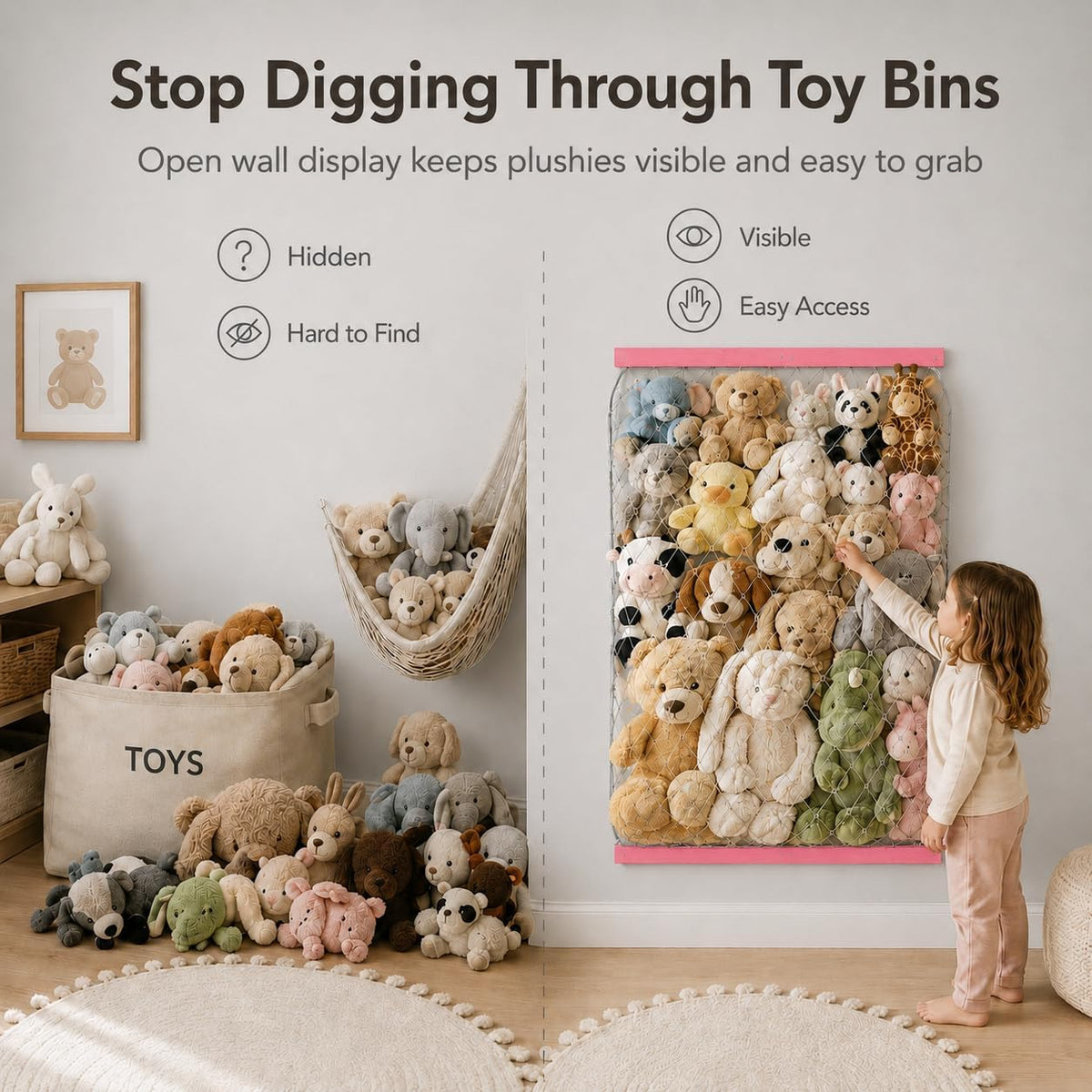 Stuffed Animal Storage Holder, Elastic Stuffed Animal Net,Door/ Wall Mount Length Adjustable Hanging Stuffed Animal Organizer, Plushie Net For Nursery Play Room-White Boards Patent