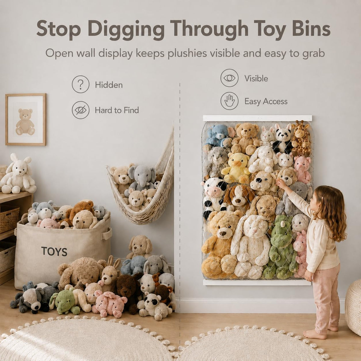 Stuffed Animal Storage Holder, Elastic Stuffed Animal Net,Door/ Wall Mount Length Adjustable Hanging Stuffed Animal Organizer, Plushie Net For Nursery Play Room-White Boards Patent