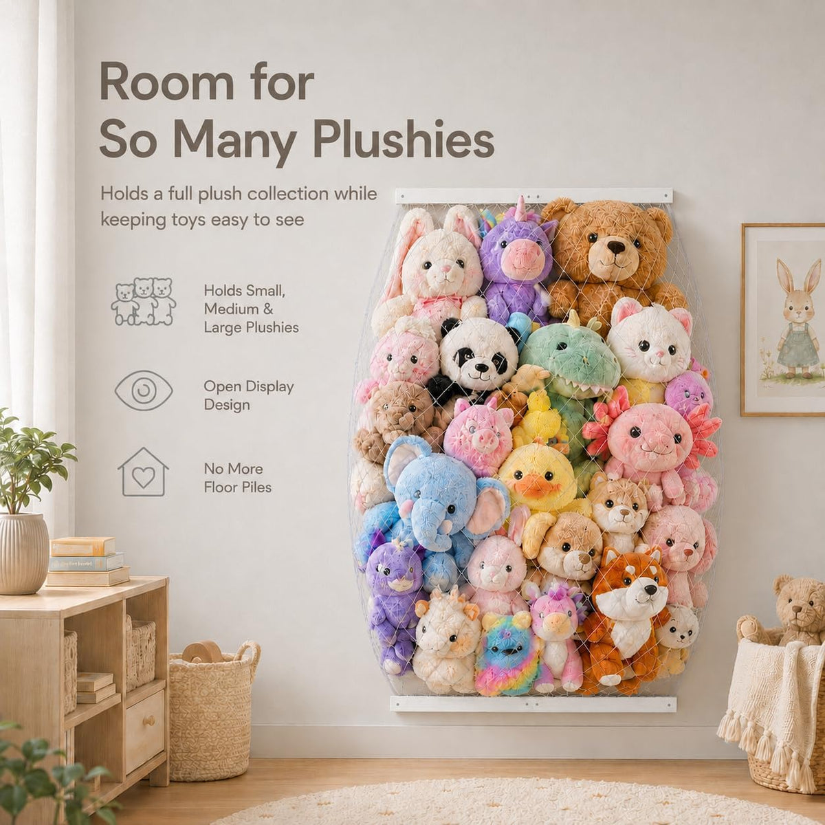 Stuffed Animal Storage Holder, Elastic Stuffed Animal Net,Door/ Wall Mount Length Adjustable Hanging Stuffed Animal Organizer, Plushie Net For Nursery Play Room-White Boards Patent