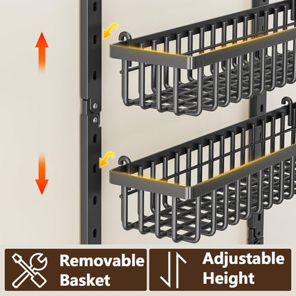 9 Tier Over The Door Pantry Organizer, 2 in 1 Wall Mount or Hanging Spice Rack with Adjustable Deep Basket, Heavy-Duty Seasoning Organizer and Storage for Kitchen Cabinet Closet Bathroom