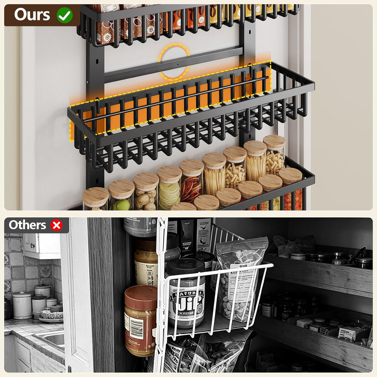 9 Tier Over The Door Pantry Organizer, 2 in 1 Wall Mount or Hanging Spice Rack with Adjustable Deep Basket, Heavy-Duty Seasoning Organizer and Storage for Kitchen Cabinet Closet Bathroom