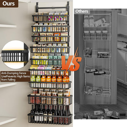 9 Tier Over The Door Pantry Organizer, 2 in 1 Wall Mount or Hanging Spice Rack with Adjustable Deep Basket, Heavy-Duty Seasoning Organizer and Storage for Kitchen Cabinet Closet Bathroom