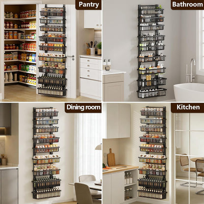 9 Tier Over The Door Pantry Organizer, 2 in 1 Wall Mount or Hanging Spice Rack with Adjustable Deep Basket, Heavy-Duty Seasoning Organizer and Storage for Kitchen Cabinet Closet Bathroom
