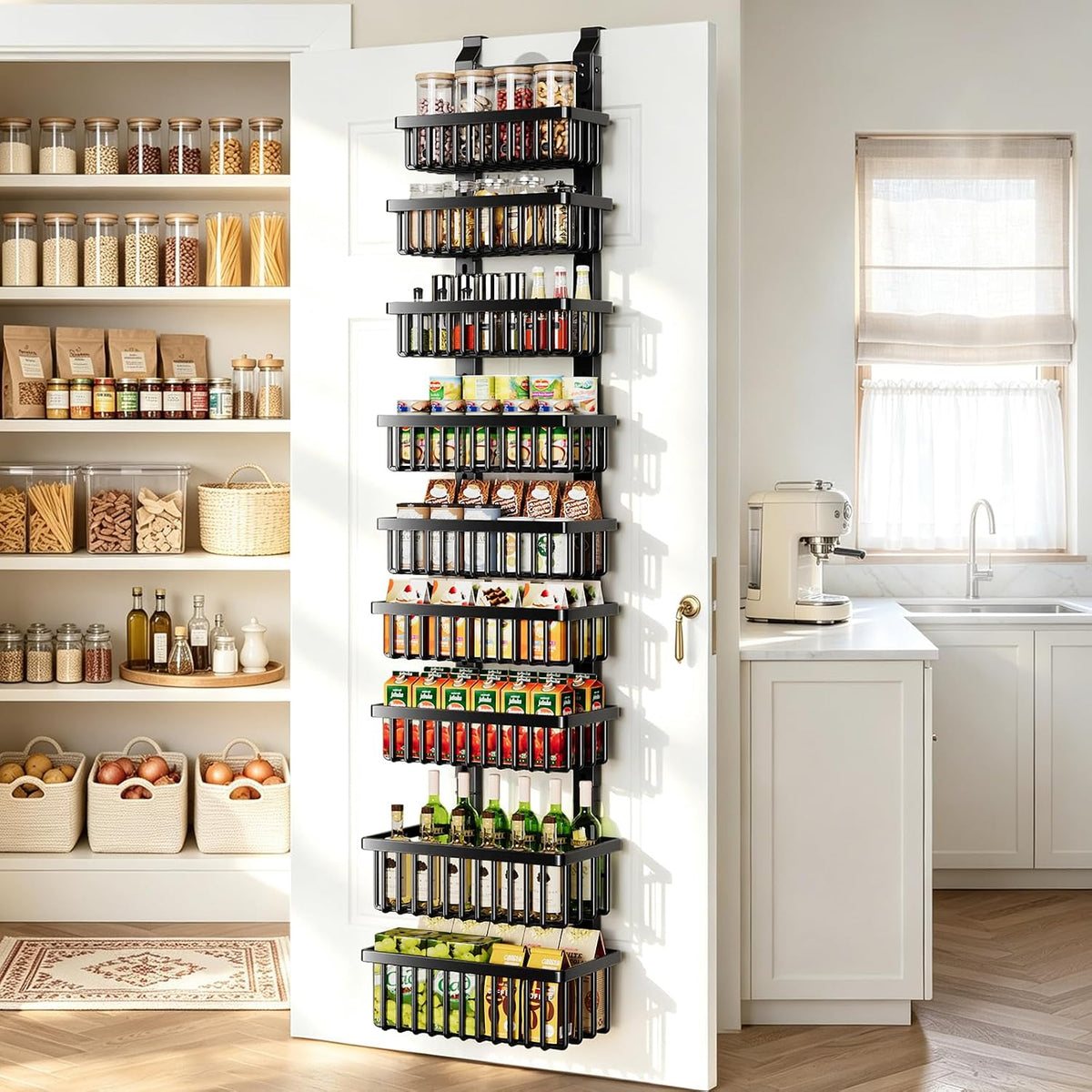 9 Tier Over The Door Pantry Organizer, 2 in 1 Wall Mount or Hanging Spice Rack with Adjustable Deep Basket, Heavy-Duty Seasoning Organizer and Storage for Kitchen Cabinet Closet Bathroom