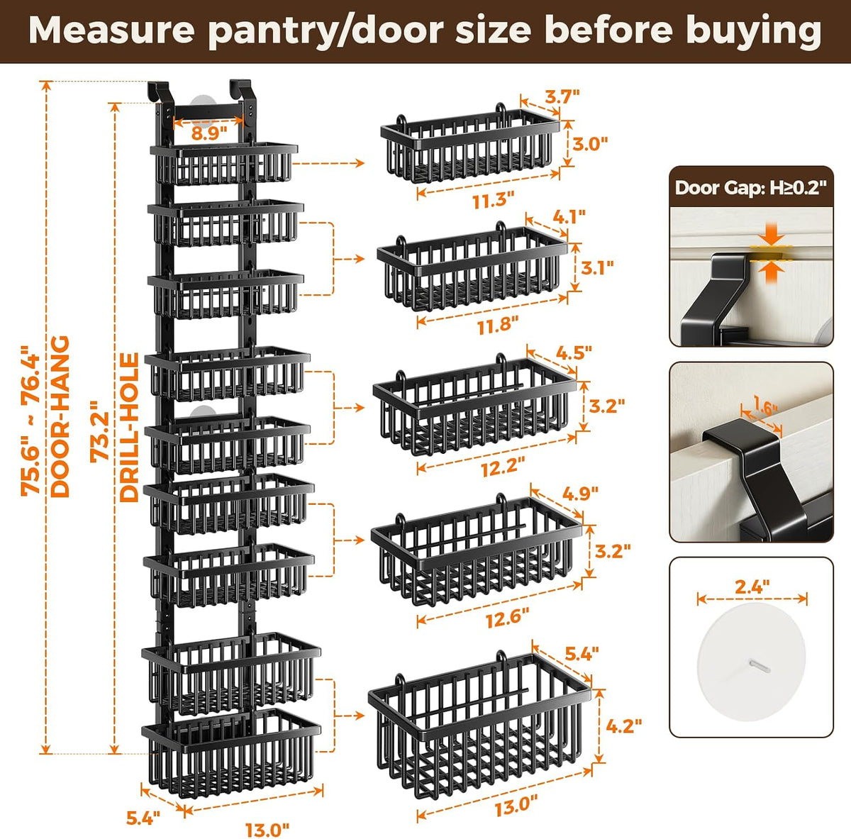 9 Tier Over The Door Pantry Organizer, 2 in 1 Wall Mount or Hanging Spice Rack with Adjustable Deep Basket, Heavy-Duty Seasoning Organizer and Storage for Kitchen Cabinet Closet Bathroom