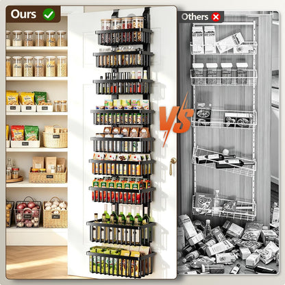 9 Tier Over The Door Pantry Organizer, 2 in 1 Wall Mount or Hanging Spice Rack with Adjustable Deep Basket, Heavy-Duty Seasoning Organizer and Storage for Kitchen Cabinet Closet Bathroom