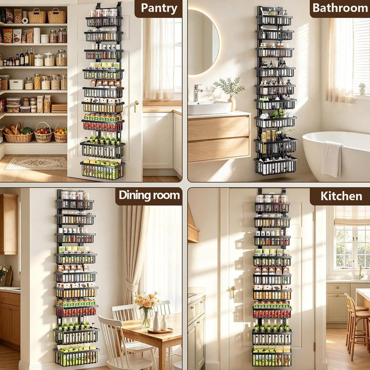 9 Tier Over The Door Pantry Organizer, 2 in 1 Wall Mount or Hanging Spice Rack with Adjustable Deep Basket, Heavy-Duty Seasoning Organizer and Storage for Kitchen Cabinet Closet Bathroom
